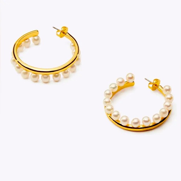 Tory Burch pearl fringe gold hoop earrings - Picture 3 of 5